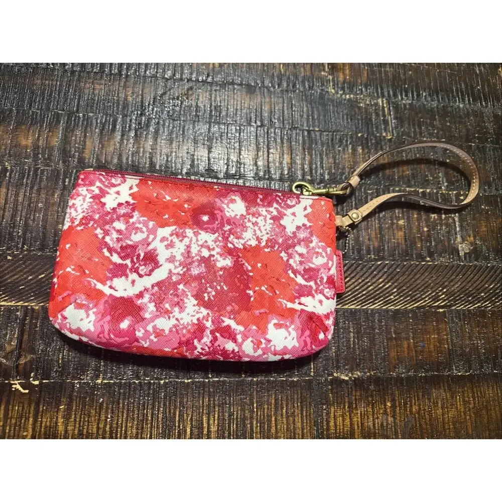 Coach Floral Paint Abstract Wristlet Wallet Purse, White, Pink, Red